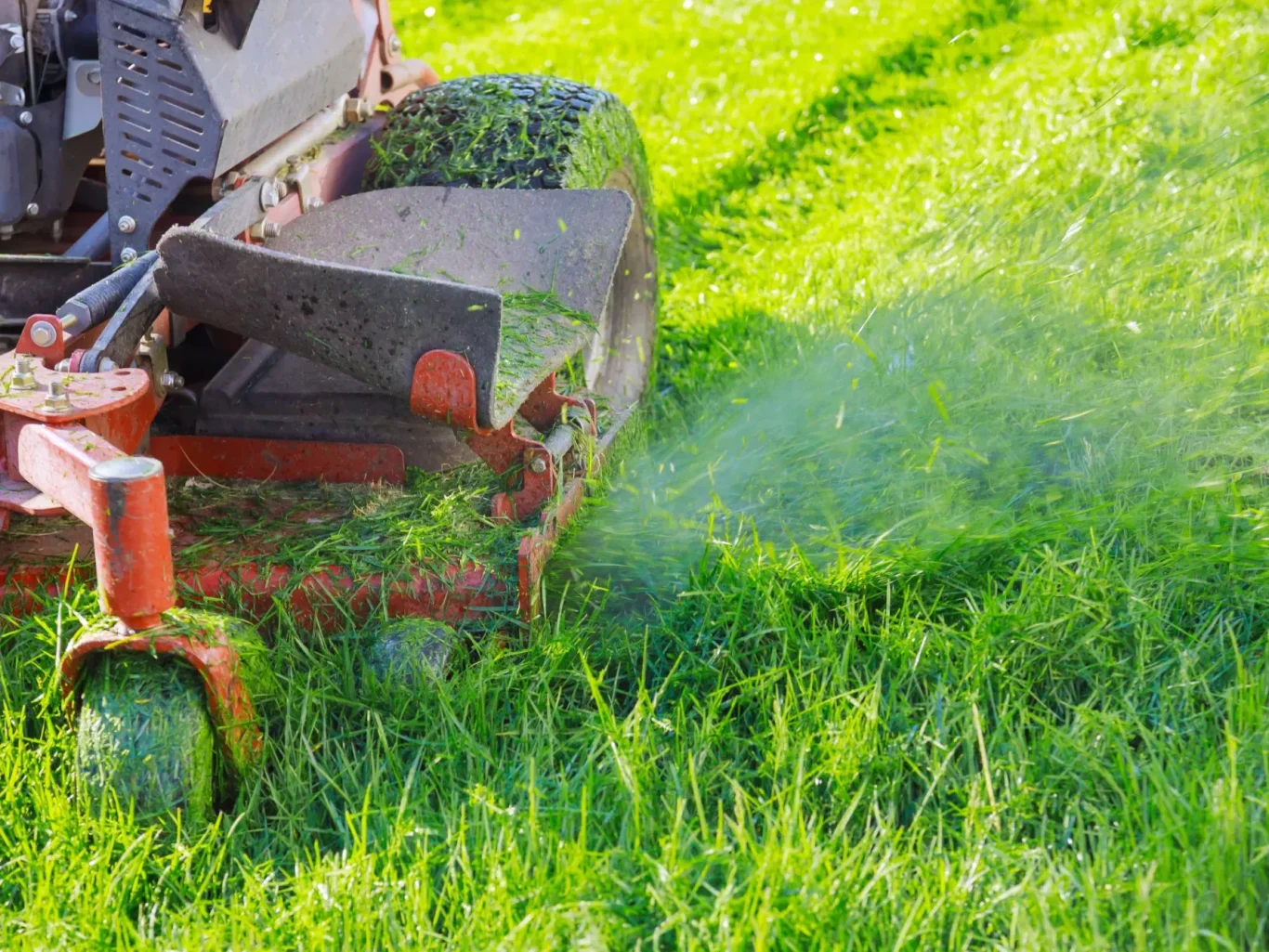  A lawn mower in action on green grass, showcasing routine lawn maintenance.