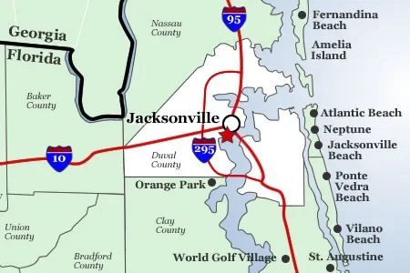 Explore a detailed map of the Jacksonville, Florida area, highlighting key locations like I-95 and I-10 highways, nearby cities, popular beaches including Atlantic Beach and Jacksonville Beach, and surrounding counties such as Nassau and Clay. Perfect for travelers and locals seeking a comprehensive view of Jacksonville and its surroundings.